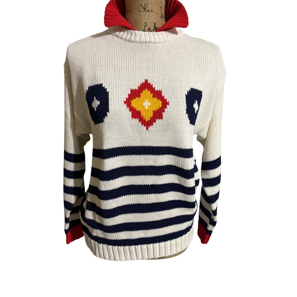 Chicken Face Intarsia Knit Sweater Women M White Blue Red Nautical‎ Coastal